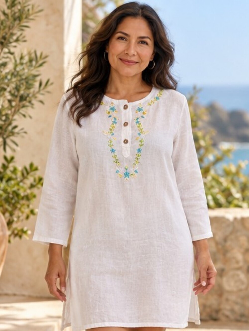 HOT COTTON | White 100% Linen Embroidered Tunic Top Size M